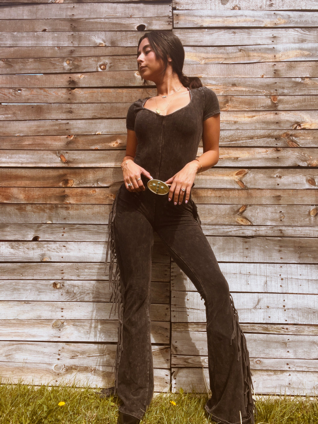 Cowgirl Fringe Jumpsuit-Charcoal