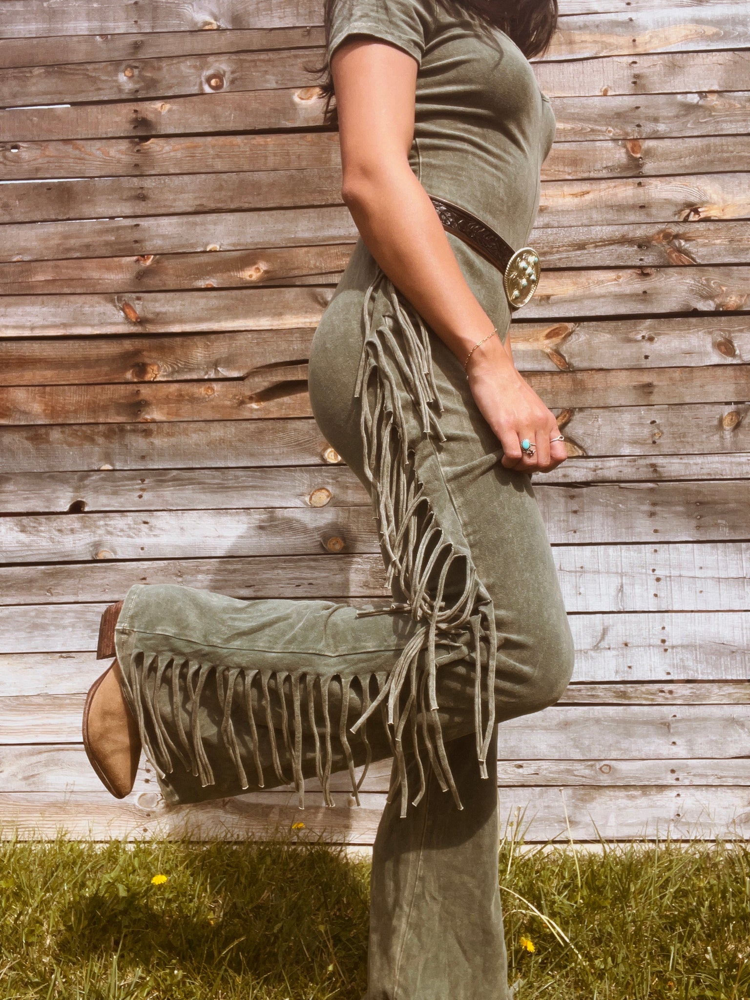 Cowgirl Fringe Jumpsuit-Sage